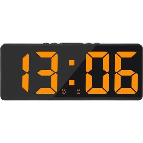Grande horloge murale numérique intelligente avec fonctions heure/date/son et compte à rebours, luminosité et volume continus - Boîtier noir avec lumière jaune (1/4)