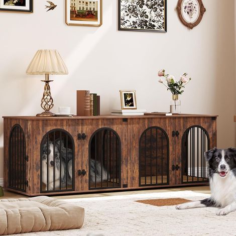 180 cm Cage pour 2 Chiens, Cages Double avec Séparateur, Niche en Bois, Cage pour Chien avec Coussin, Design Meuble TV pour Chiens de Moyens/Grands, Marron Rustique