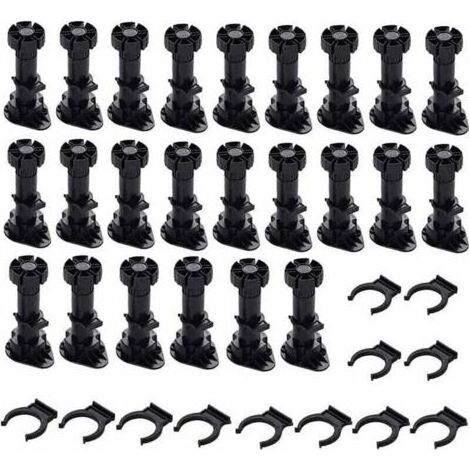 24 Pièces Pieds D'Armoire Plastique, Pied de Meuble, Pied Réglable pour Meuble, Noir Pieds de Meuble Plastique avec Clip Fixation Base pour Meubles de Cuisine, Armoire et Canapé (60mm-8mm) (1/4)
