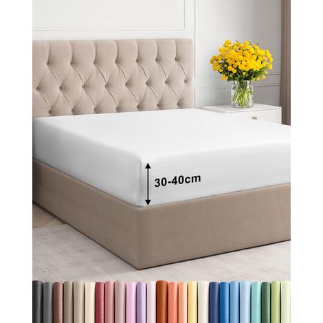 Drap Housse 160x200 - Microfibre Grand Bonnet 40cm (16") - Blanc (1/5)