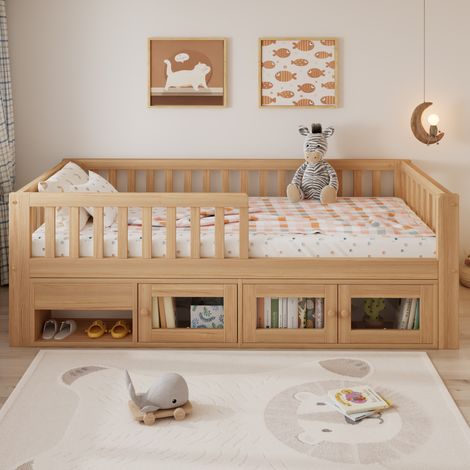 Lit enfant 90x200 cm bois massif avec rangement, barrières intégrales, tiroir + placard, sommier lattes – naturel