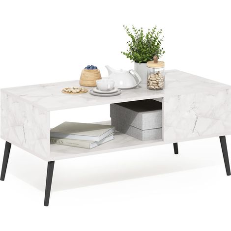 Table Basse Style Milieu du Siècle avec Pieds en Bois, d'ingénierie, Marbre Blanc, 50,01 (D) x 100 (W) x 45,01 (H) cm (1/5)