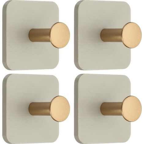 Portemanteaux adhésifs muraux en bois, lot de 4, crochets lourds serviettes/manteaux, gris/doré (carré) (1/5)
