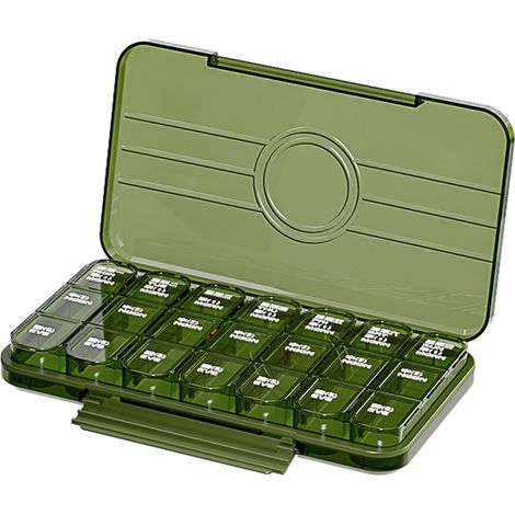 Boîte à pilules portable transparente en plastique 21 compartiments vert - Organiseur quotidien pour huile de poisson, vitamines et compléments (1/5)
