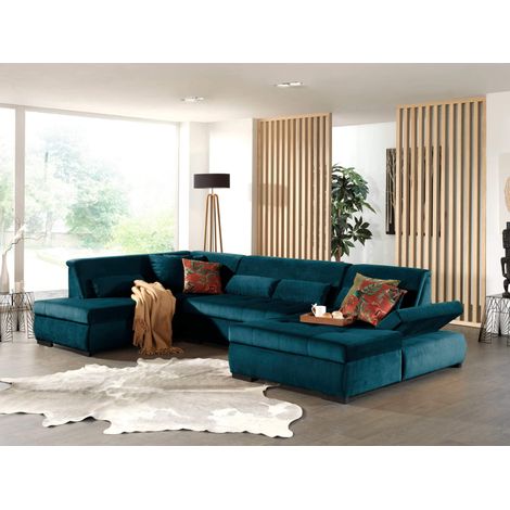 Lisa Design – Canapé panoramique d'angle gauche 7 places – Revêtement velours 100% polyester – Structure en bois – Accoudoir réglable – Bleu canard (1/5)
