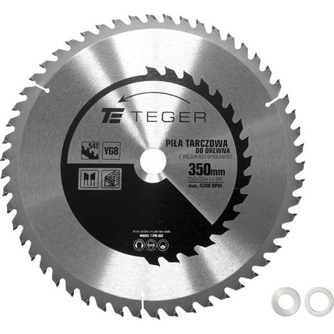 Lame de scie TEGER à pointes carbure 350 x 30 mm 54 dents - pour bois, MDF, panneaux stratifiés, ATB, 4200 tr/min, bagues 30/20 et 30/16 (1/3)