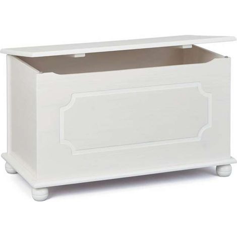 Pegane – Coffre à jouets en bois massif laqué blanc – Dimensions L89 x P49 x H53 cm – Monté sur pieds boules pour style élégant (1/3)