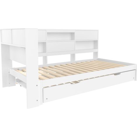Lit banquette 90 x 200 cm blanc avec tĂŞte de lit de rangement, lit gigogne, sans matelas, HOMVRA (1/5)