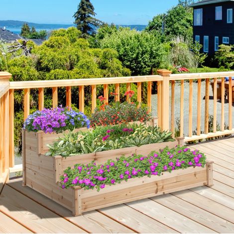 Fioriera rialzata 124x124x56 cm legno naturale in legno a 3 livelli per balcone e giardino (1/5)