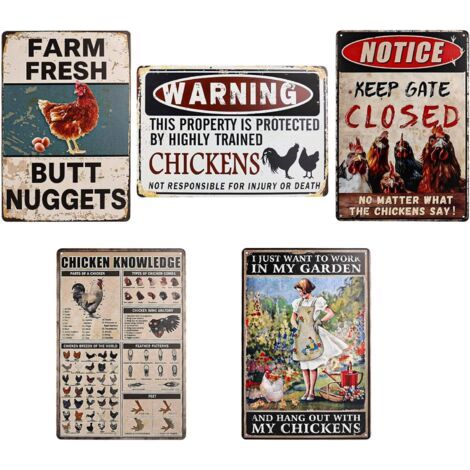 Lot de 5 plaques en tôle rétro avec inscription en allemand Vorsicht Hühner, 20 x 30 cm, plaque en tôle, accessoire de poules, panneau d'avertissement et de jardin, plaque décorative vintage (1/5)