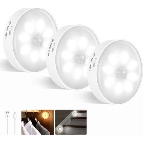 LED Motion Sensor Lamp, Pack of 3, LED Night Light, Wireless Rechargeable USB-Induction Bi-color (white light + warm light) [Energy Class F] (1/5)
