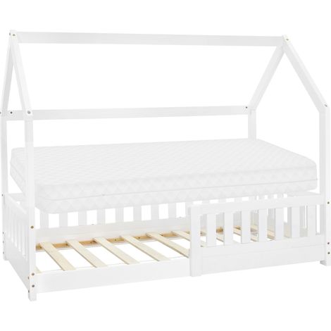 ML-Design Cama Infantil Casa Blanca 80x160 cm de Madera de Pino con Colchón de Espuma Fría, Protección Anticaída y Techo, Somier de Listones, Cuna de Suelo, Lecho para Niño Forma de Casita de Juego (1/5)
