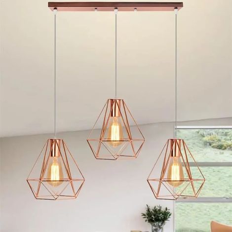 U-Do Rétro Suspension Luminaire Ajustable Industriel 3 Lampes Lustre Abat - Jour Cage forme Diamant en Fer Or Rose Lampe Longue (1/4)