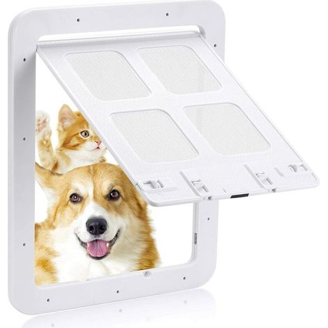 Chatière pour Chien et Chat - Dimensions extérieures : 24 x 29 cm - Fermeture 4 Voies - Moustiquaire pour Petits Chiens et Chats d'une circonférence inférieure à 60 cm (Blanc Moyen) (1/5)