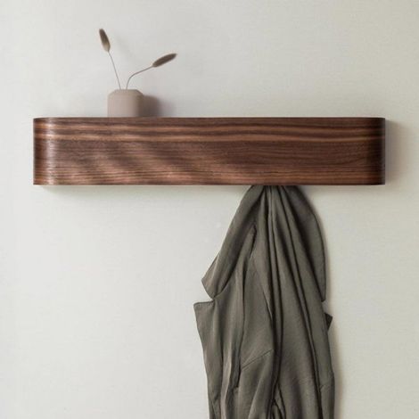 Étagère murale - porte-manteau avec crochets - porte-manteau - étagère de rangement - crochets dissimulés - bois - noyer (1/4)