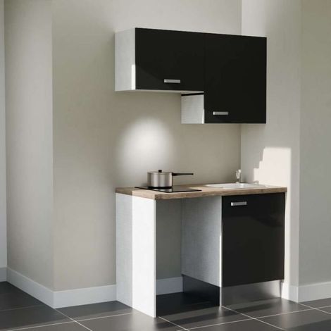 Kitchenette K01 Noir - Plan de travail Bois - Crédence : Non - Evier Inox (1/5)