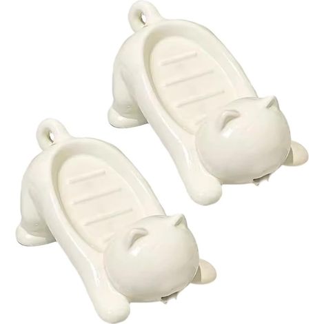 Set of 2 plastic soap dishes for drainage, cute cat design (1/5)