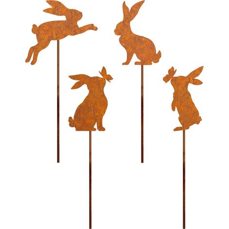 Rostiger Metall-Gartenstecker, künstliche Tiere – 4 Kaninchen (1/5)