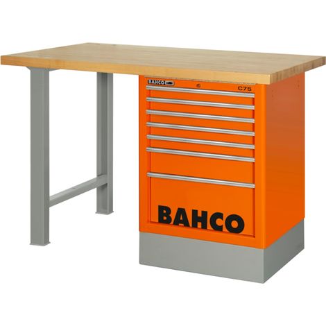 Bahco Robuste Werkbank mit Schubladenschrank, 6 Schubladen, Holz-Arbeits/-Ablageplatte und zwei Beinen, orange, 1500 mm x 750 mm x 1030 mm