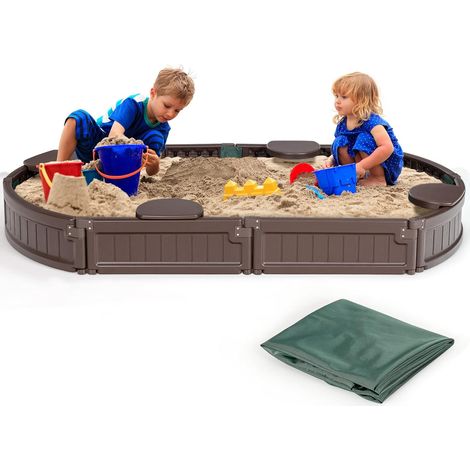 GOPLUS Bac à Sable pour Enfant Rond/Ovale, Bac à Sable avec 4 Sièges Banc Détachables, Bac à Sable avec Couvercle étanche et Anti-Poussière,pour Enfants Plus de 3 Ans,Piscine & Jardin (Ovale) (1/5)