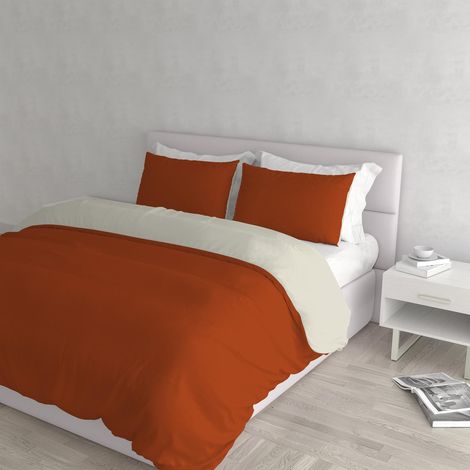 Housse de couette double-face couleur unie avec taies d'oreiller, Terre/Crème (1/5)