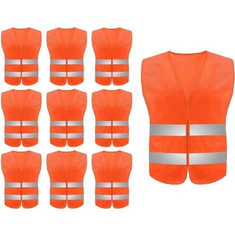 10er Pack Warnwesten Orange mit Reflektorstreifen für Erwachsene (1/5)