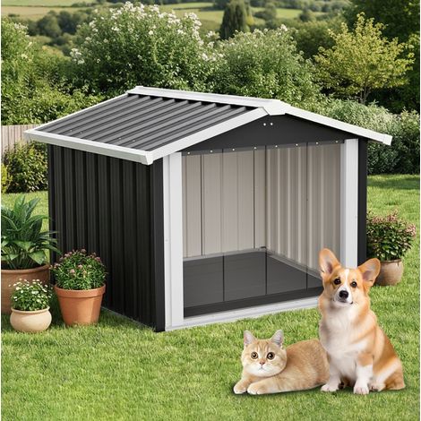 Caseta para perro de metal negro impermeable 102 x 91 x 85 cm FloraGrace (1/5)