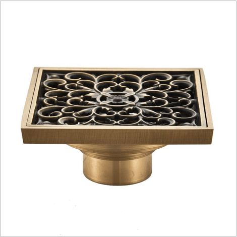 Bodenablauf aus Messing – Antiker quadratischer Duschablauf mit einzigartigem, geschnitztem Blumenmuster für WC und Garten, 10 x 10 cm (1/5)