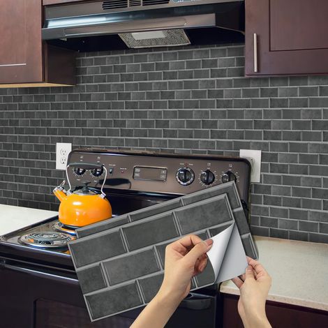 Gris Stickers Cuisine, 24 Pièces Adhésive Décorative à Carreaux 15x30cm Imperméable en PVC Vintage Autocollants en Tuile Stickers pour Salle de Bains Decoration (1/5)