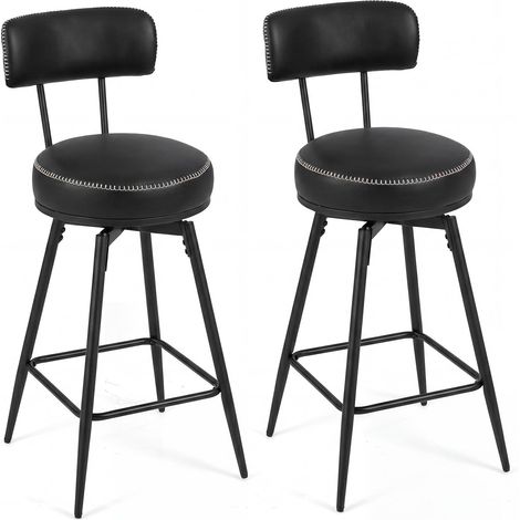 Taburetes giratorios de bar (juego de 2), piel sintética negra, rotación de 360°.