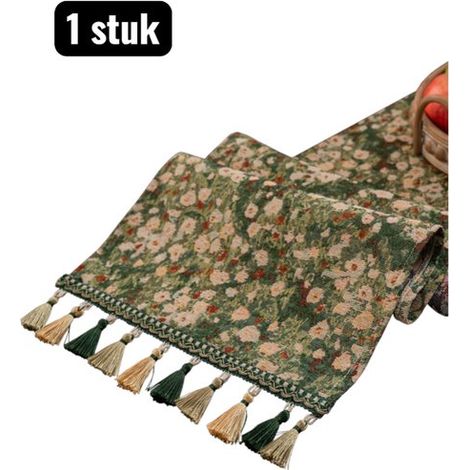 1 pieza, Camino de mesa, Protector de mesa, Mantel largo estilo algodón, 350x33cm, Aspecto de lino y algodón, Estampado floral, Verde (1/5)