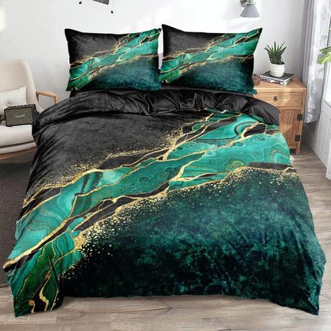 Bettwäsche 200x200 cm 3tlg Marmor Schwarz Grün Mikrofaser mit Reißverschluss