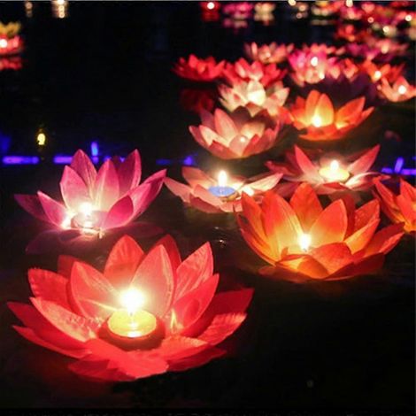 Lot de 10 lanternes flottantes en forme de lotus, bougies flottantes, lotus artificiels colorés avec de vraies bougies, lumières de piscine flottantes pour jardin, mariages. (1/5)