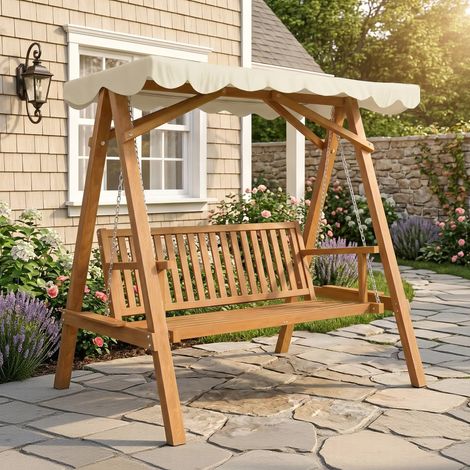 Balançoire de jardin de style classique en pin massif, conforme aux normes FS, avec auvent en polyester enduit PA, dimensions : 162 x 130 x 185 cm, poids : 240 kg