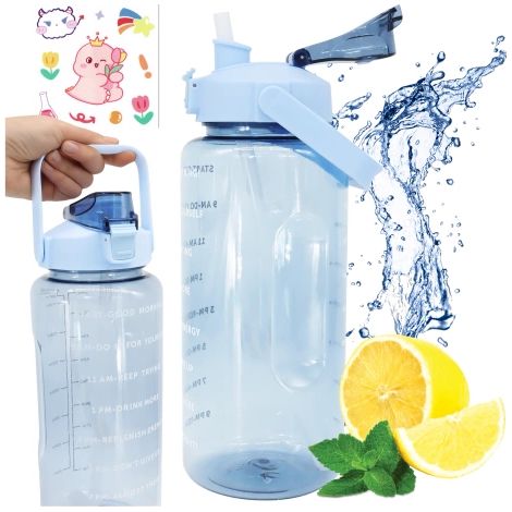 Botella grande Alogy MotivHydro™ de 2 litros con vaso medidor y etiqueta motivacional, fácil de beber gracias a su asa y tapa, reutilizable - Azul (1/5)