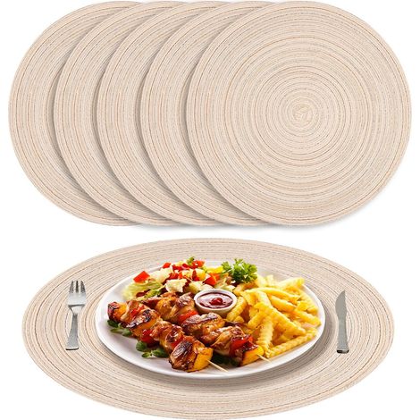 Lot de 6 sets de table ronds tissés lavables beiges de 38 cm   Antidérapants, résistants à la chaleur et aux taches   Pour mariages, restaurants et cuisines