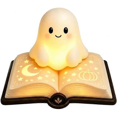 Veilleuse fantôme d'Halloween tenant des livres, statue en résine, interrupteur USB, douce lumière, décoration de table, ornement, cadeau pour une fête ou une chambre. (1/5)