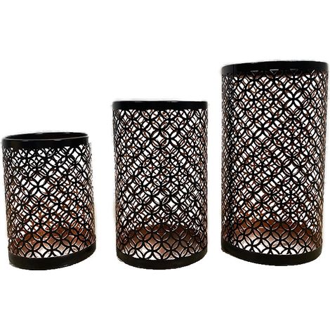 Black Tealight Candle Holder - Set of 3 Metal Lantern Pillar Candle Holder Oriental Moroccan Design Decoration for Home Interior Room Deco