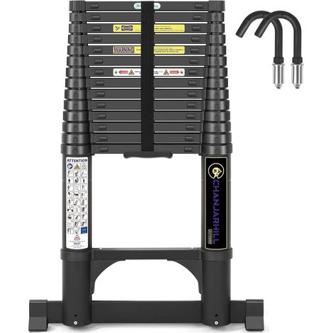 Échelle Télescopique Pliante en Aluminium 4,4m Noir avec Barre de Stabilité 80cm, Échelle Extensible Antidérapante pour Maison, Camper et Grenier (1/5)
