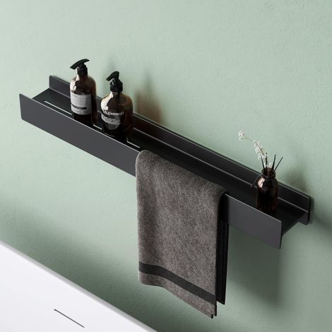 Mai & Mai Mensola da Parete Multifunzionale 80cm, Mensola per Doccia in Lega di Alluminio-Magnesio con Strato Antiruggine Mensola da Appendere per Bagno e Cucina, Rimovibile, Nero Opaco, Reglo-03