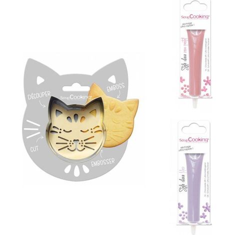 Kit pour biscuit en relief Chat + 2 Stylos au chocolat rose pastel et lilas