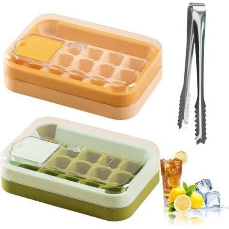 Set mit 2 Eiswürfelformen mit Deckel - Kleine Eiswürfelformen aus Kunststoff - Gelb/Grün - Wiederverwendbare Eiswürfelformen - (1/5)
