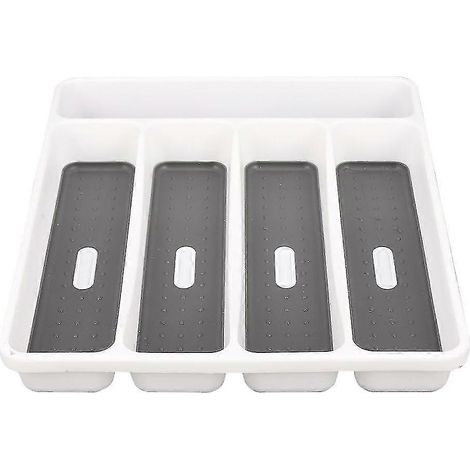 Grand plateau à couverts gris, rangement pour fourchettes, 5 compartiments, revêtement antidérapant, en plastique. (1/5)