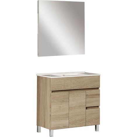 Kibath Mueble de baño con Lavabo, Espejo y Aplique LED URBAN 80x45 cm acabado ROBLE NATURAL mate 2 cajones y 2 puertas (1/5)