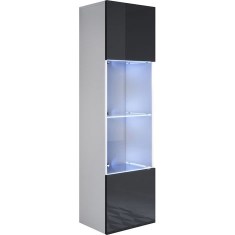 Vitrina colgante  Armario  Mueble de Salón  Vitrina de pared  LED  1 puerta  40x165x29cm  Modelo Luke V6  Blanco y Negro brillo (1/4)
