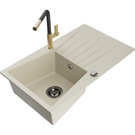 Mexen Cesar évier en granit 1 bac avec égouttoir et robinet de cuisine Flora, beige - 6514-69-670401-57-B (1/5)