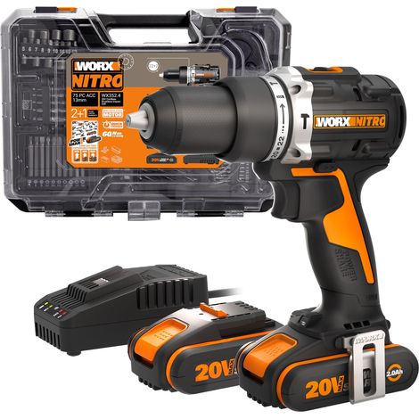 Trapano a Percussione senza Fili WORX NITRO 18 V (20 V MAX) WX352.4, PowerShare, Motore Brushless, 60 Nm, Controllo della Velocità Variabile, Luce LED, Set di Accessori da 75 pezzi, 2 Batterie 2,0 Ah (1/5)