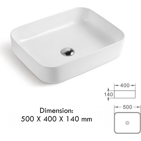 Vasque à poser en céramique lavabo perçage forme rectangle Blanc avec Bonde Siphon 500x400x140mm (1/5)