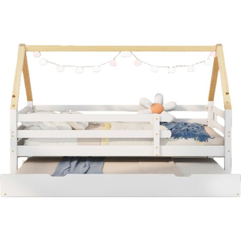 Lit cabane Lit effent évolutif (90x200 cm & 90x190 cm) et roulant - Fonction lit de jour et lit escamotable - Structure bois massif - blanc (1/5)