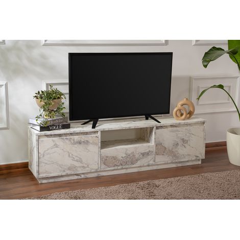 Meuble TV en bois Vanguard 160 x 30 x 42 cm – Finition marbre freesia – 3 portes – 4 étagères – Panneaux de particules mélaminés (1/5)